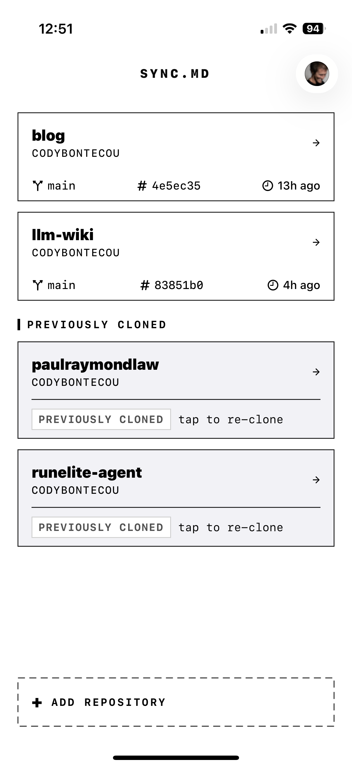GitSync.md home screen showing cloned repos